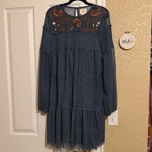 Anthropologie Maeve Blue Dress with Floral Embroidery